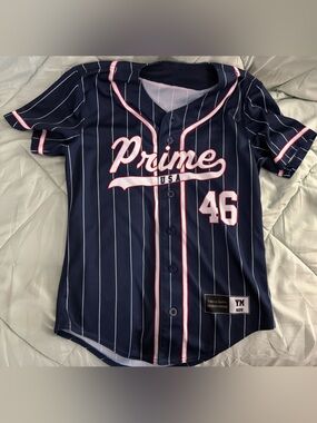 Navy Pinstripe Baseball Jersey Shirt with Red Accents